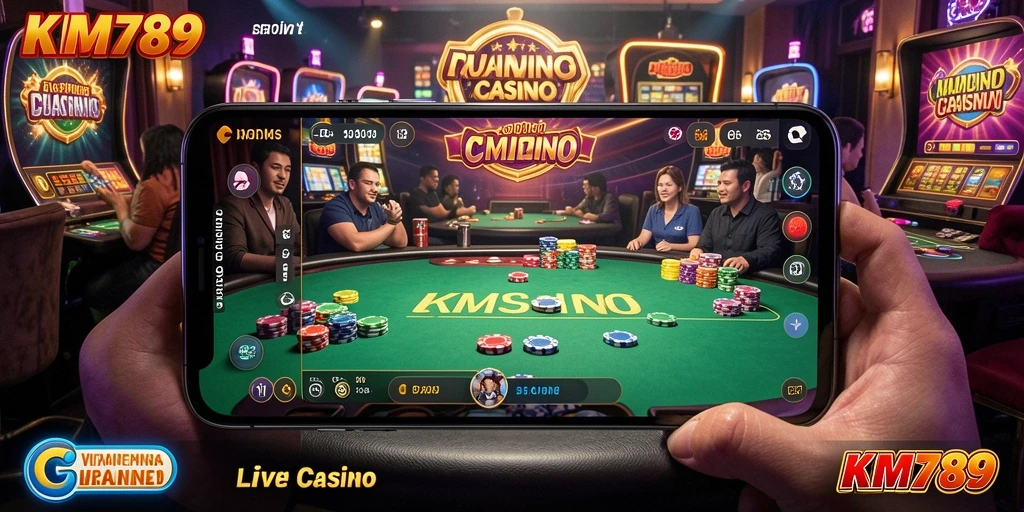 Screenshot gameplay KM789 menampilkan dealer yang sedang bermain dengan pemain dalam suasana kasino hidup.